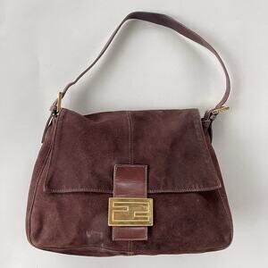 Fendi Chocolate Brown Suede Mamma Baguette Gold Hardware Shoulder Bag